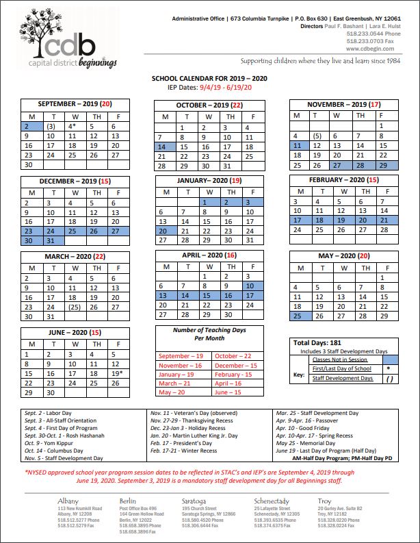 Capital District Beginnings Program Calendar